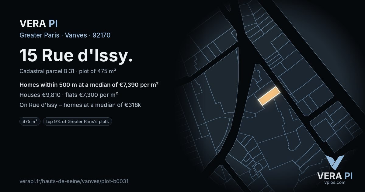 15 Rue d'Issy, Vanves at night – the plot lit, the parcels around coloured by the prices near them