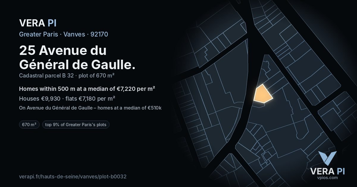 25 Avenue du Général de Gaulle, Vanves at night – the plot lit, the parcels around coloured by the prices near them