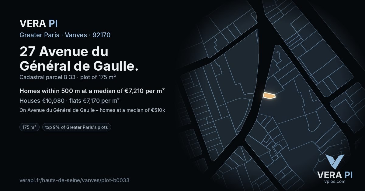 27 Avenue du Général de Gaulle, Vanves at night – the plot lit, the parcels around coloured by the prices near them