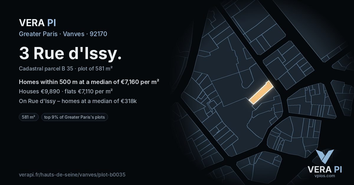 3 Rue d'Issy, Vanves at night – the plot lit, the parcels around coloured by the prices near them
