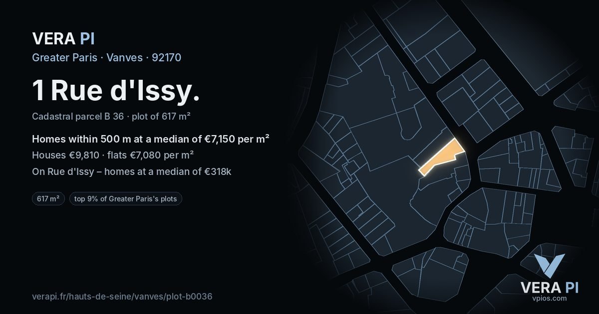 1 Rue d'Issy, Vanves at night – the plot lit, the parcels around coloured by the prices near them