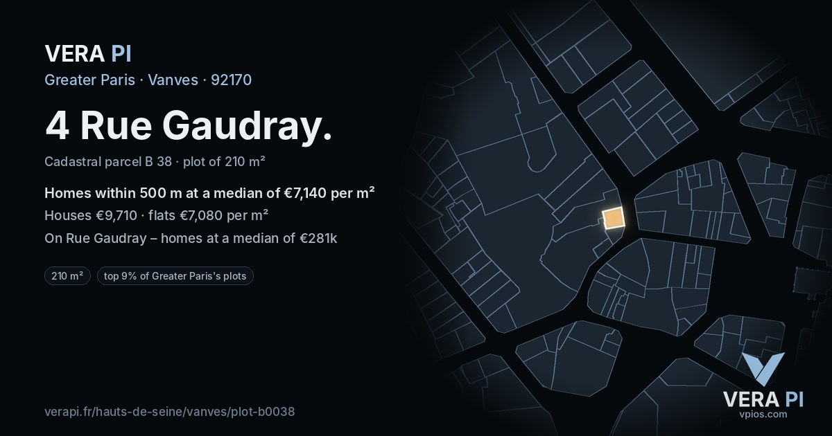 4 Rue Gaudray, Vanves at night – the plot lit, the parcels around coloured by the prices near them