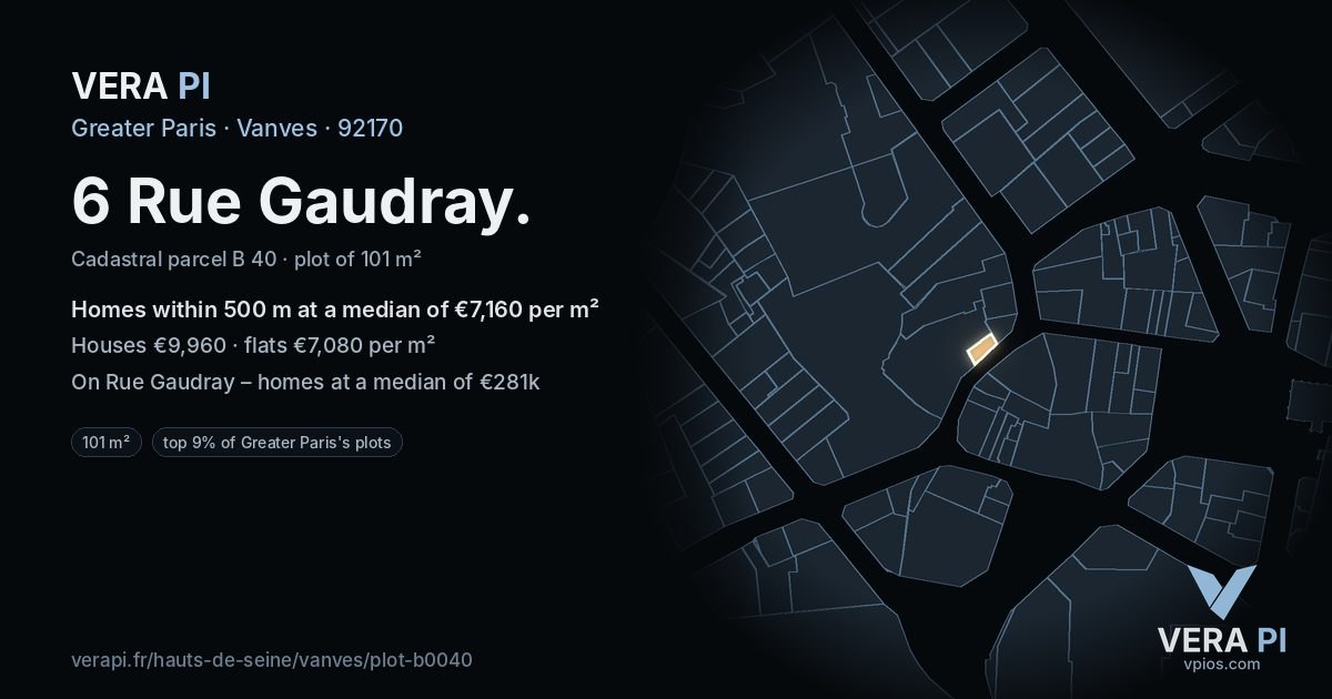 6 Rue Gaudray, Vanves at night – the plot lit, the parcels around coloured by the prices near them