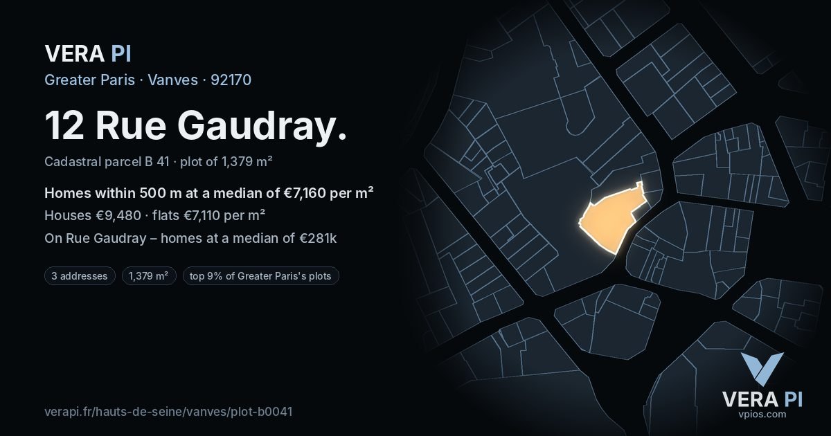 12 Rue Gaudray, Vanves at night – the plot lit, the parcels around coloured by the prices near them