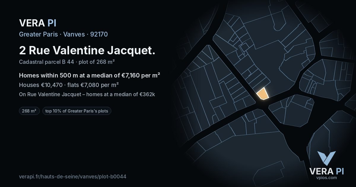 2 Rue Valentine Jacquet, Vanves at night – the plot lit, the parcels around coloured by the prices near them