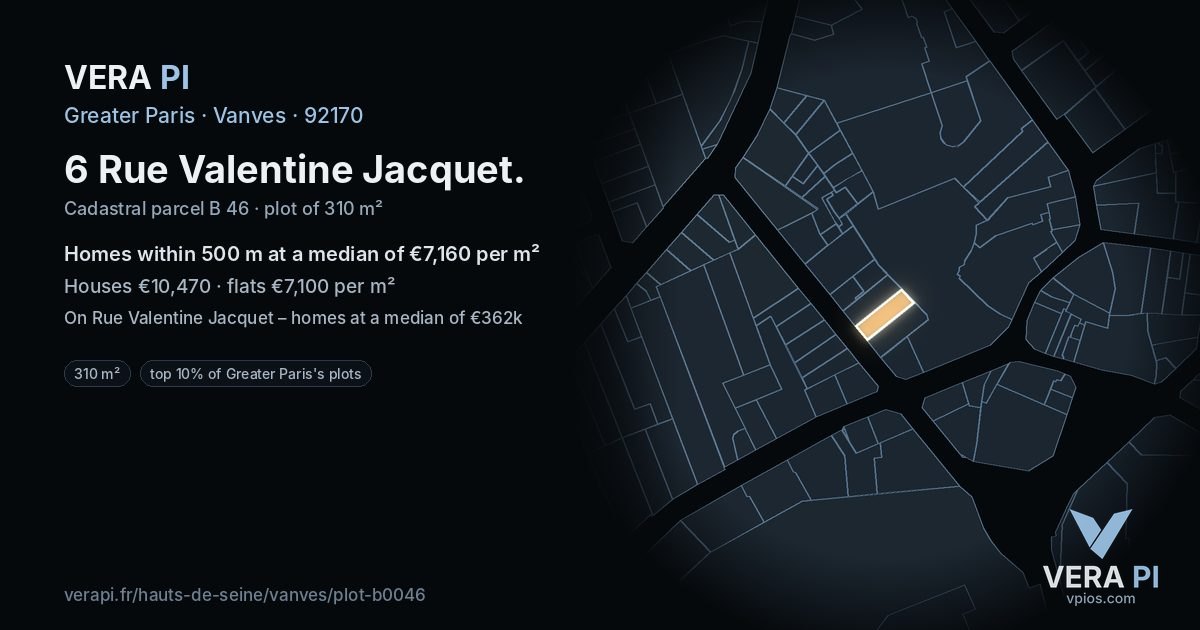6 Rue Valentine Jacquet, Vanves at night – the plot lit, the parcels around coloured by the prices near them