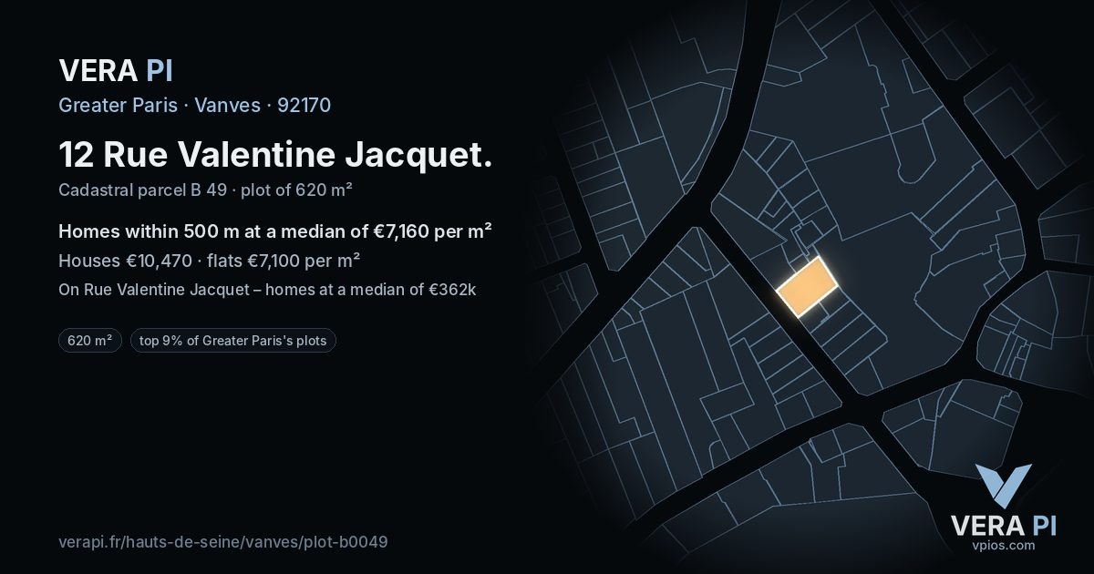 12 Rue Valentine Jacquet, Vanves at night – the plot lit, the parcels around coloured by the prices near them