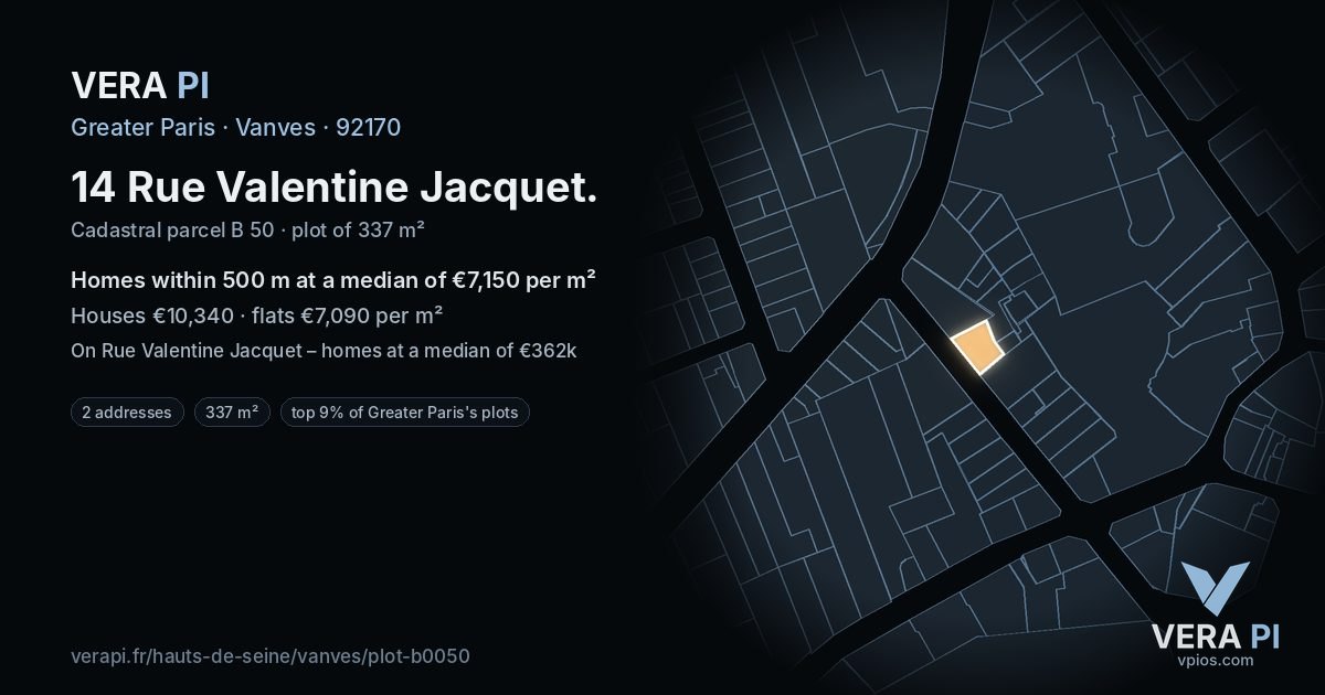 14 Rue Valentine Jacquet, Vanves at night – the plot lit, the parcels around coloured by the prices near them
