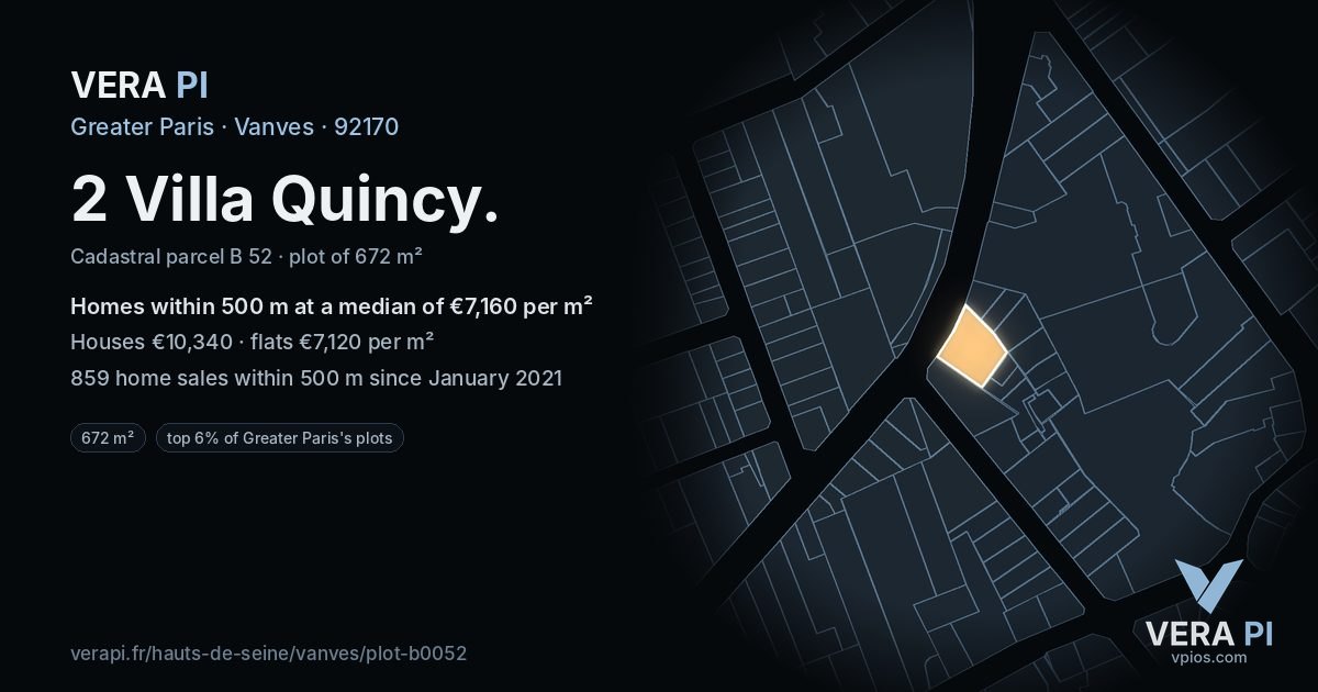 2 Villa Quincy, Vanves at night – the plot lit, the parcels around coloured by the prices near them