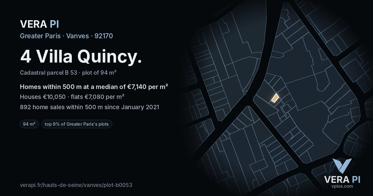 4 Villa Quincy, Vanves at night – the plot lit, the parcels around coloured by the prices near them