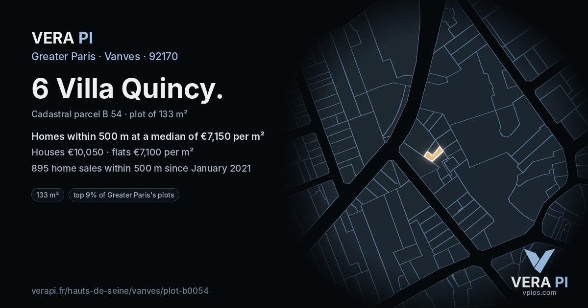6 Villa Quincy, Vanves at night – the plot lit, the parcels around coloured by the prices near them