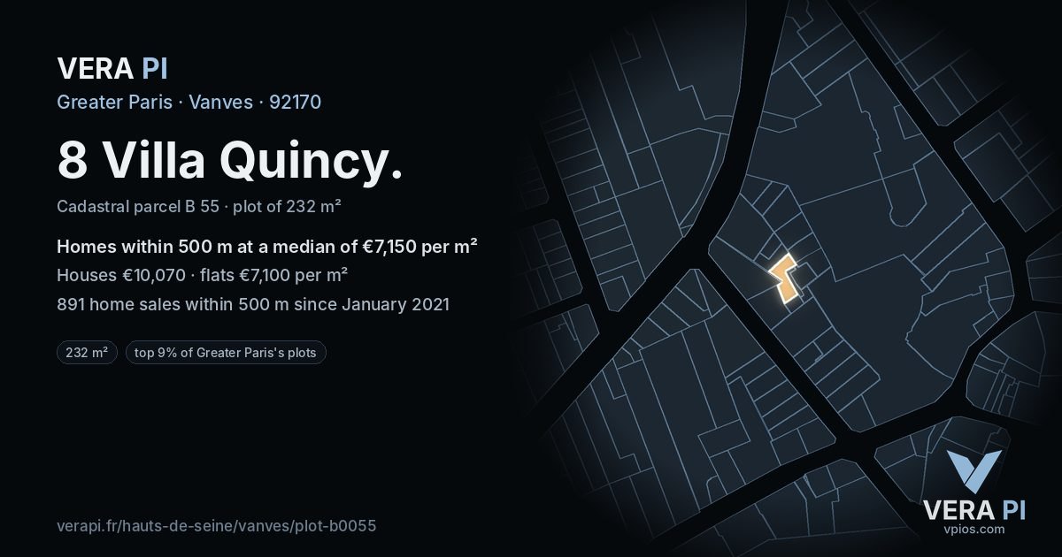 8 Villa Quincy, Vanves at night – the plot lit, the parcels around coloured by the prices near them