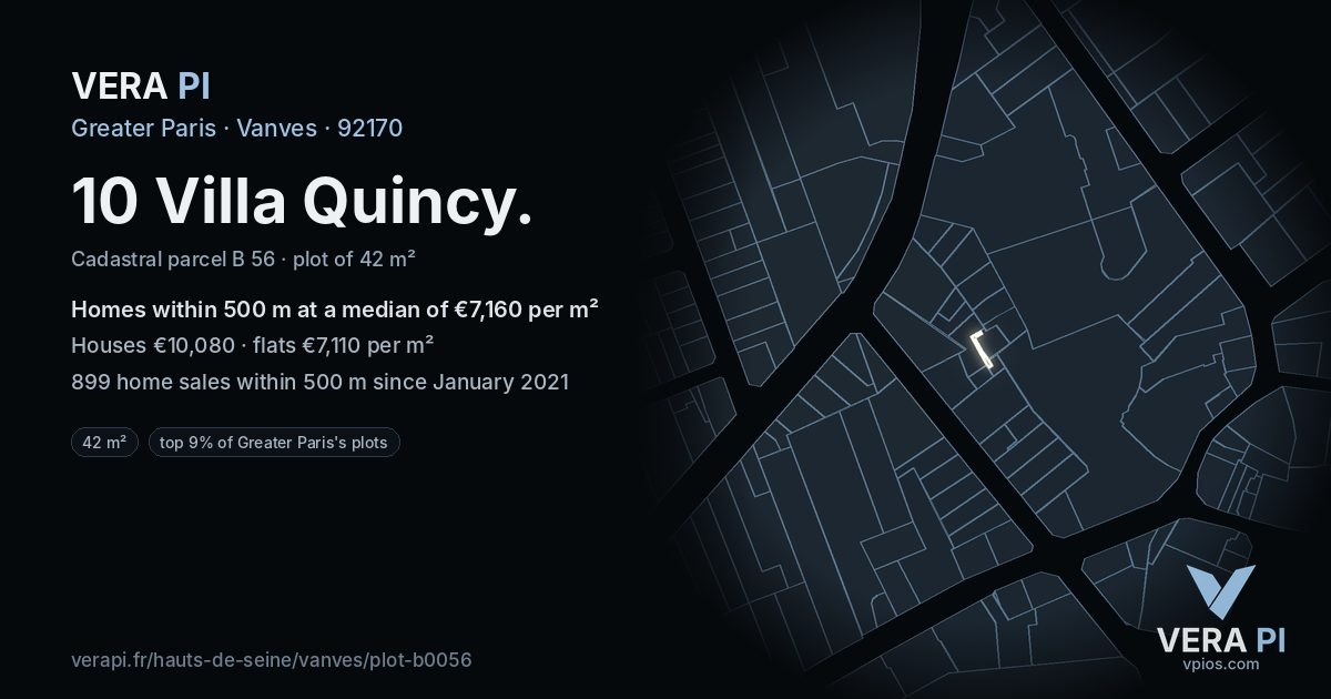 10 Villa Quincy, Vanves at night – the plot lit, the parcels around coloured by the prices near them