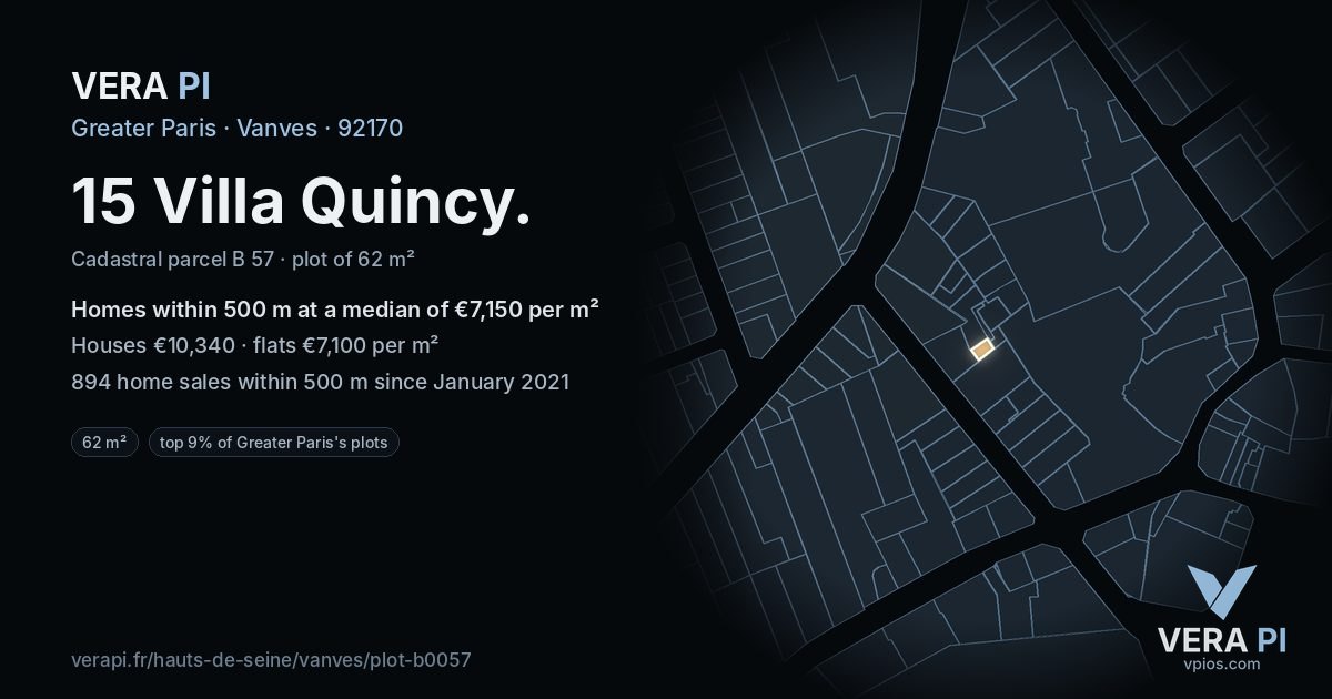 15 Villa Quincy, Vanves at night – the plot lit, the parcels around coloured by the prices near them