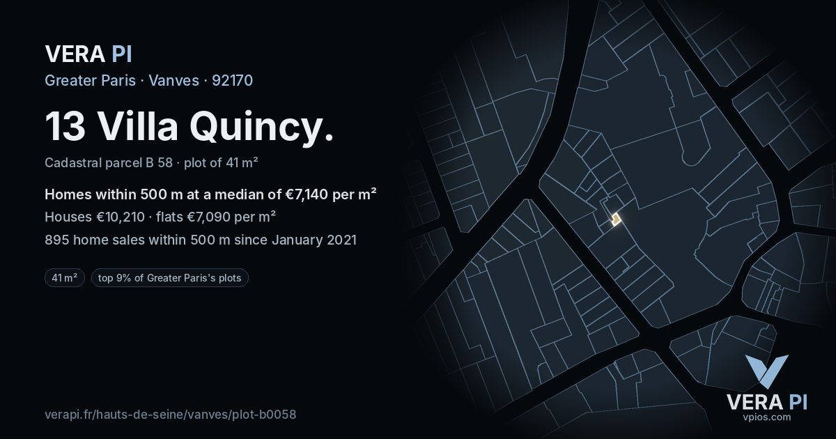 13 Villa Quincy, Vanves at night – the plot lit, the parcels around coloured by the prices near them