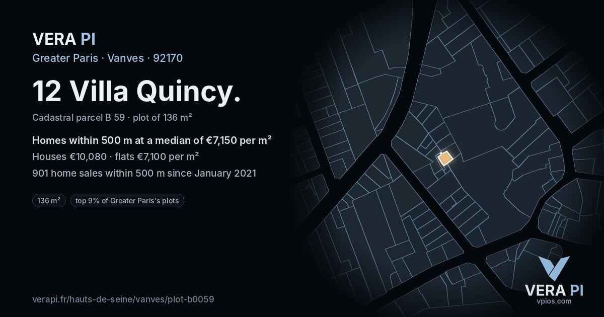 12 Villa Quincy, Vanves at night – the plot lit, the parcels around coloured by the prices near them
