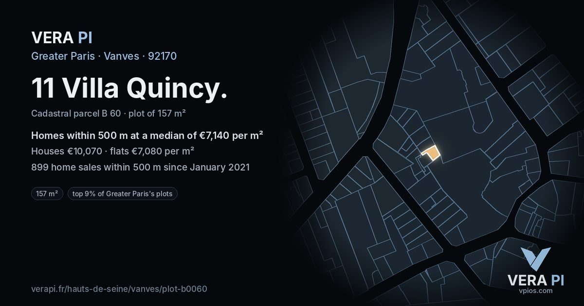 11 Villa Quincy, Vanves at night – the plot lit, the parcels around coloured by the prices near them