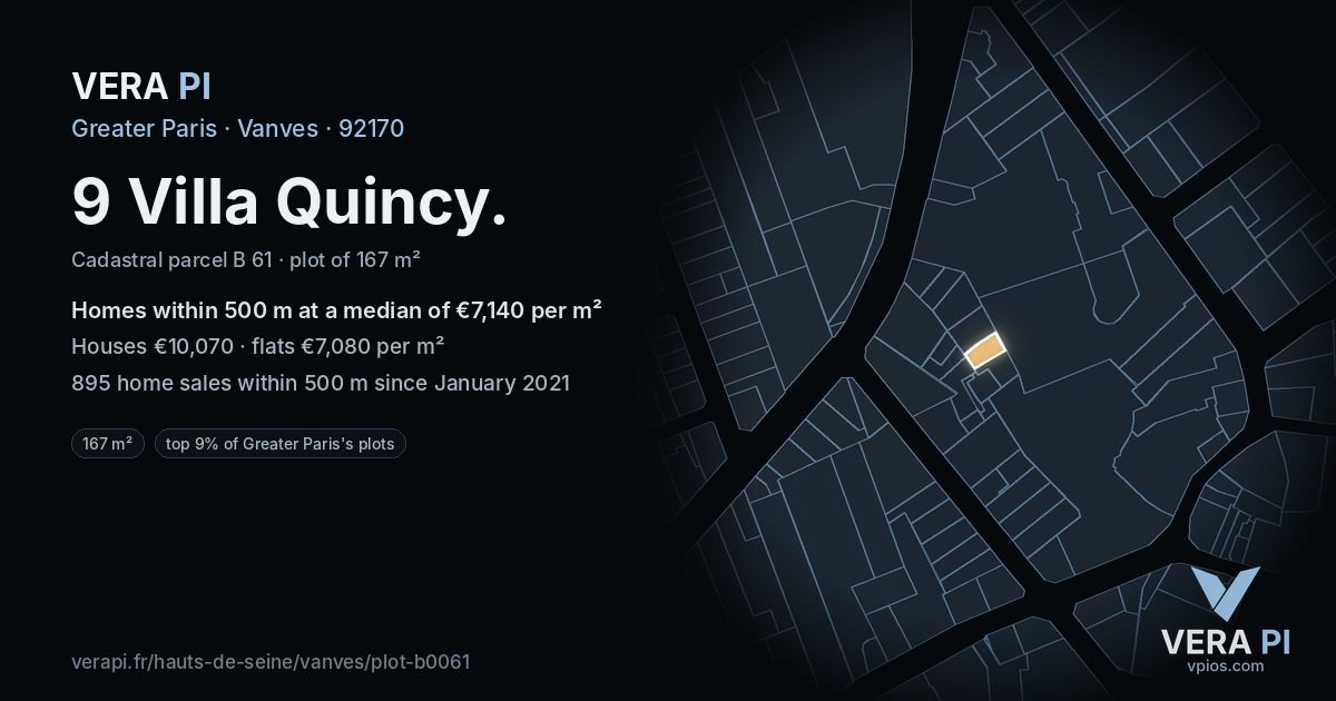9 Villa Quincy, Vanves at night – the plot lit, the parcels around coloured by the prices near them