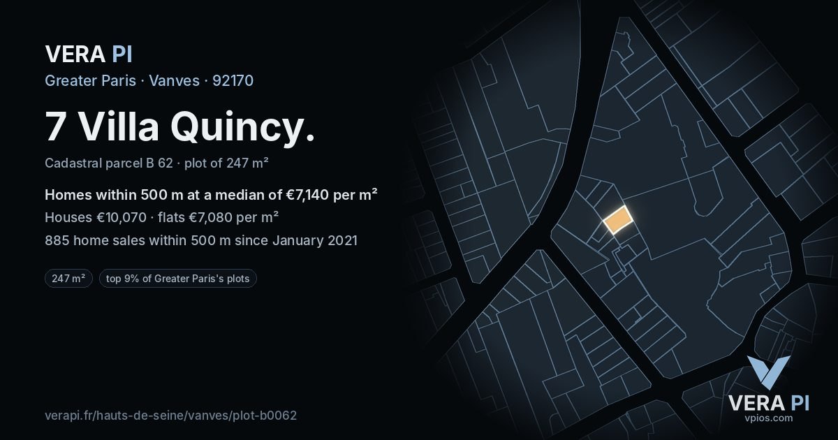 7 Villa Quincy, Vanves at night – the plot lit, the parcels around coloured by the prices near them