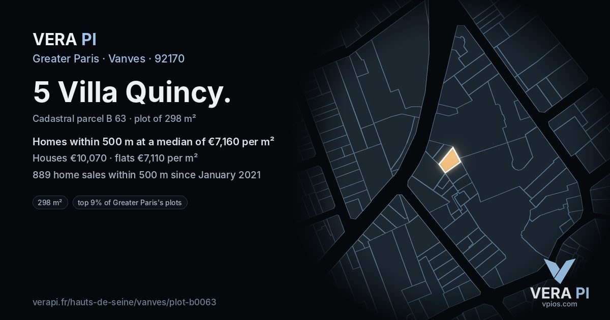 5 Villa Quincy, Vanves at night – the plot lit, the parcels around coloured by the prices near them
