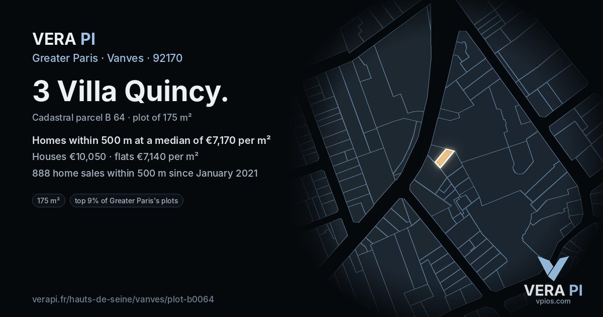 3 Villa Quincy, Vanves at night – the plot lit, the parcels around coloured by the prices near them