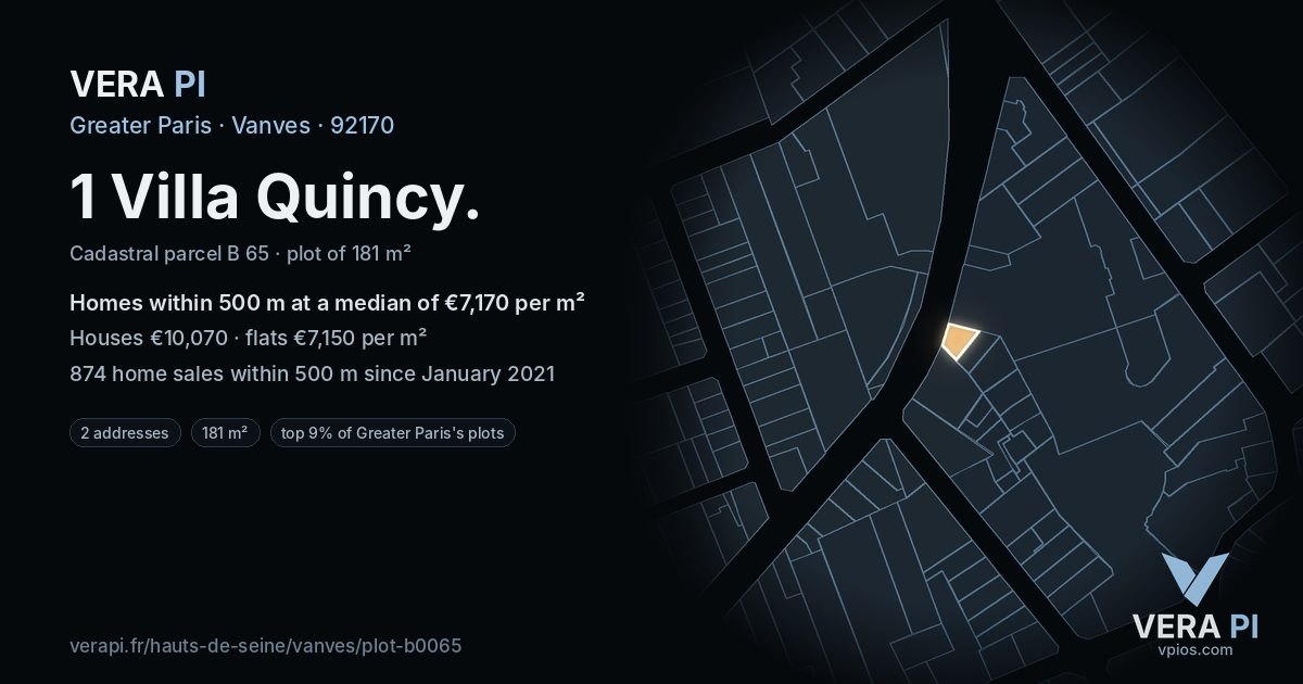 1 Villa Quincy, Vanves at night – the plot lit, the parcels around coloured by the prices near them