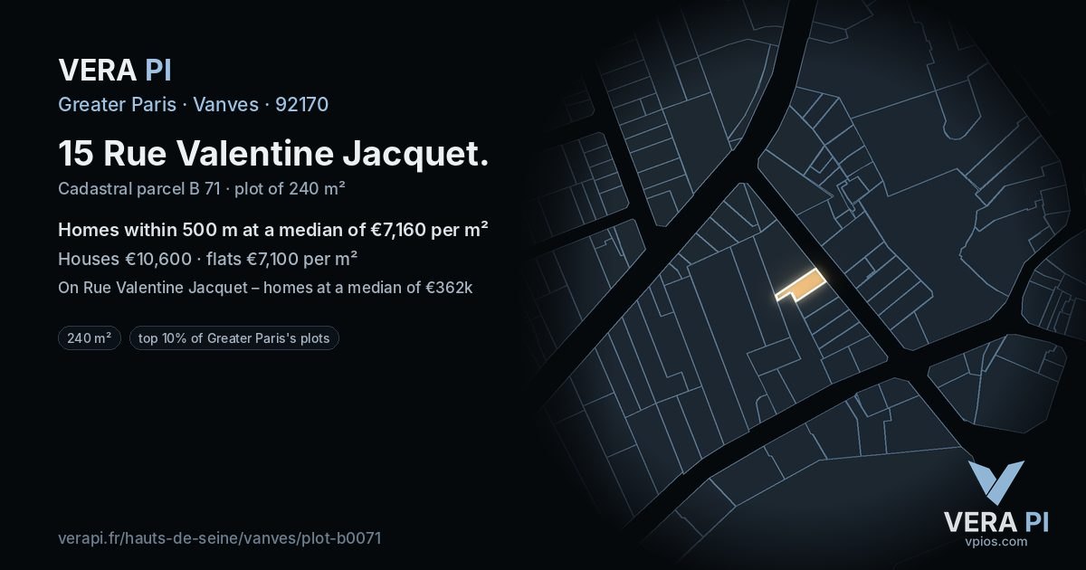 15 Rue Valentine Jacquet, Vanves at night – the plot lit, the parcels around coloured by the prices near them
