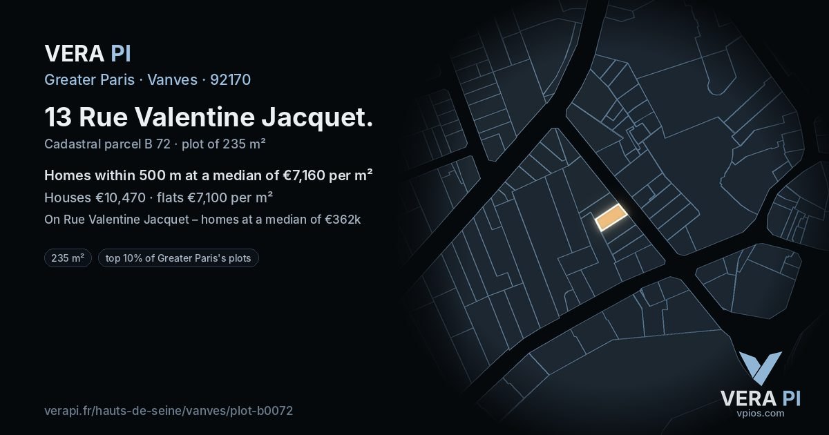 13 Rue Valentine Jacquet, Vanves at night – the plot lit, the parcels around coloured by the prices near them