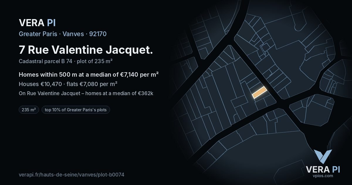 7 Rue Valentine Jacquet, Vanves at night – the plot lit, the parcels around coloured by the prices near them
