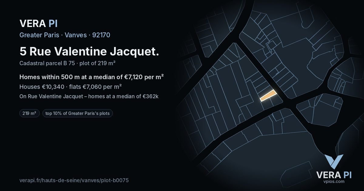 5 Rue Valentine Jacquet, Vanves at night – the plot lit, the parcels around coloured by the prices near them