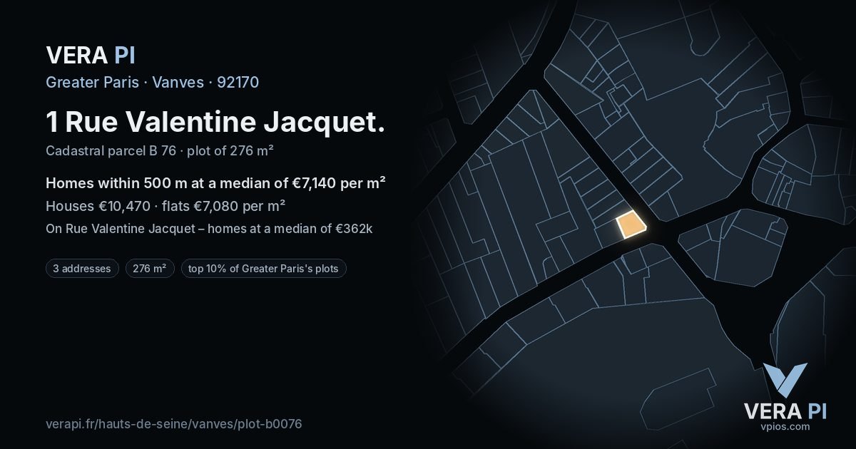 1 Rue Valentine Jacquet, Vanves at night – the plot lit, the parcels around coloured by the prices near them