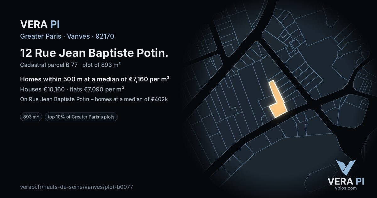 12 Rue Jean Baptiste Potin, Vanves at night – the plot lit, the parcels around coloured by the prices near them