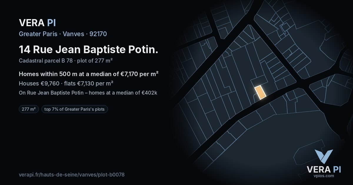 14 Rue Jean Baptiste Potin, Vanves at night – the plot lit, the parcels around coloured by the prices near them