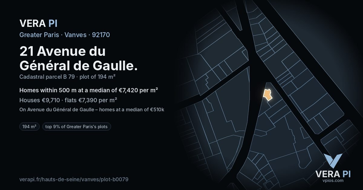 21 Avenue du Général de Gaulle, Vanves at night – the plot lit, the parcels around coloured by the prices near them