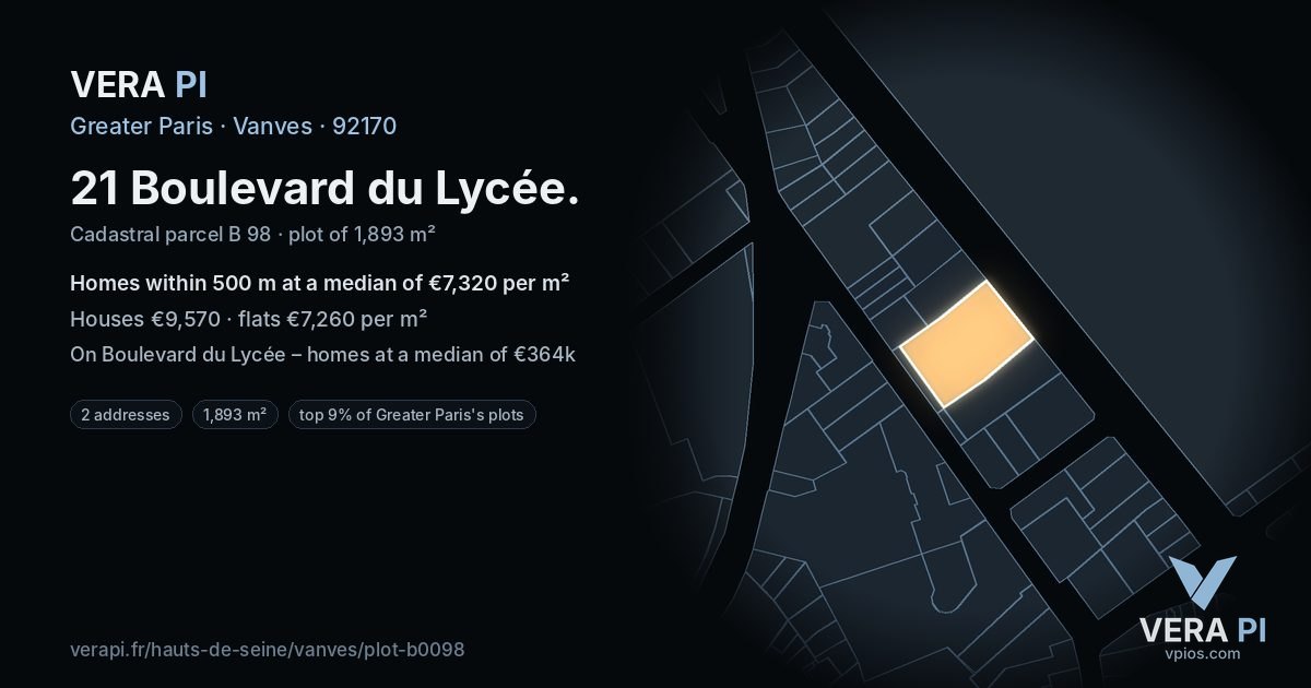 21 Boulevard du Lycée, Vanves at night – the plot lit, the parcels around coloured by the prices near them