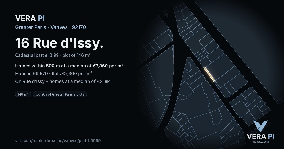 16 Rue d'Issy, Vanves at night – the plot lit, the parcels around coloured by the prices near them