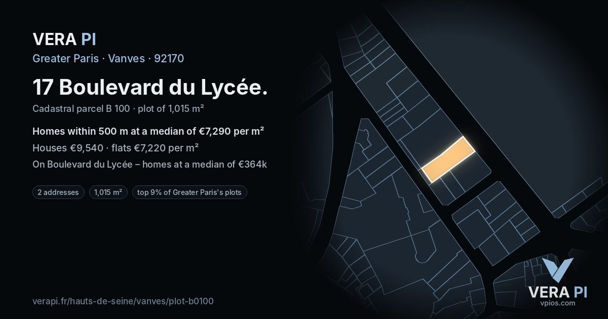 17 Boulevard du Lycée, Vanves at night – the plot lit, the parcels around coloured by the prices near them