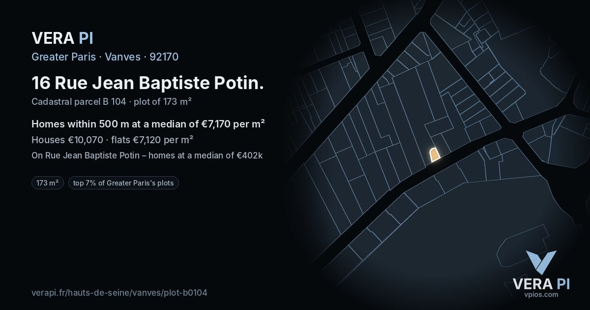 16 Rue Jean Baptiste Potin, Vanves at night – the plot lit, the parcels around coloured by the prices near them