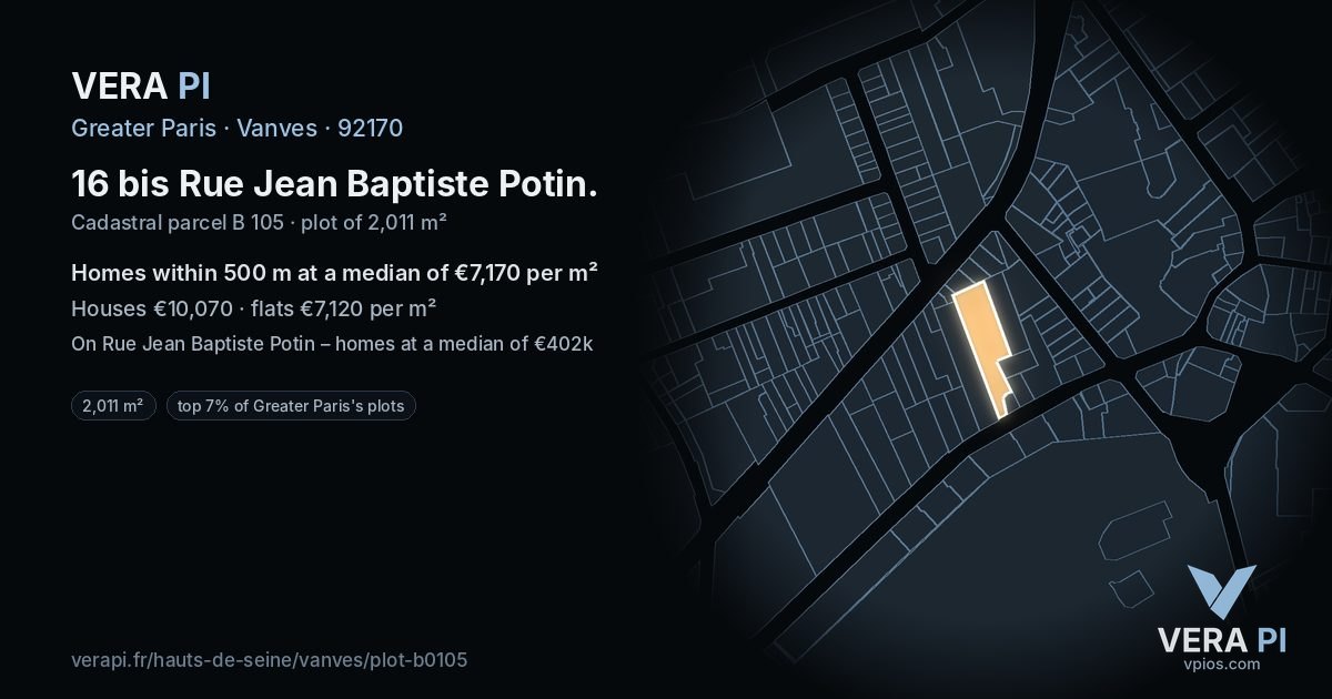 16 bis Rue Jean Baptiste Potin, Vanves at night – the plot lit, the parcels around coloured by the prices near them