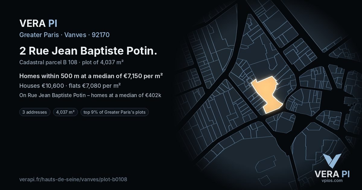 2 Rue Jean Baptiste Potin, Vanves at night – the plot lit, the parcels around coloured by the prices near them