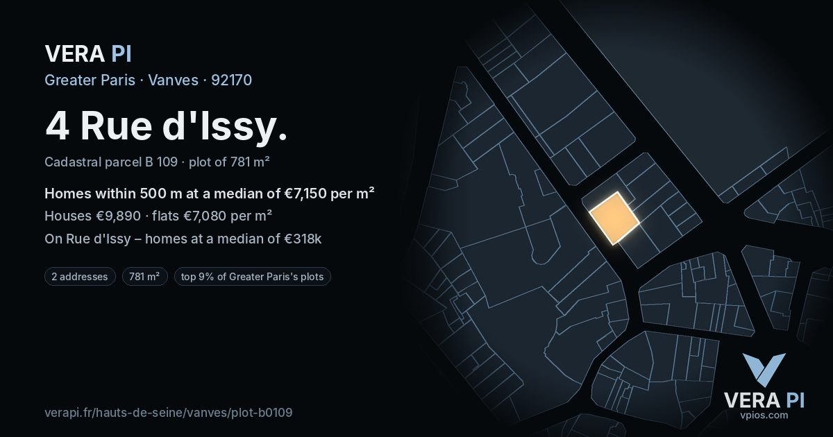 4 Rue d'Issy, Vanves at night – the plot lit, the parcels around coloured by the prices near them