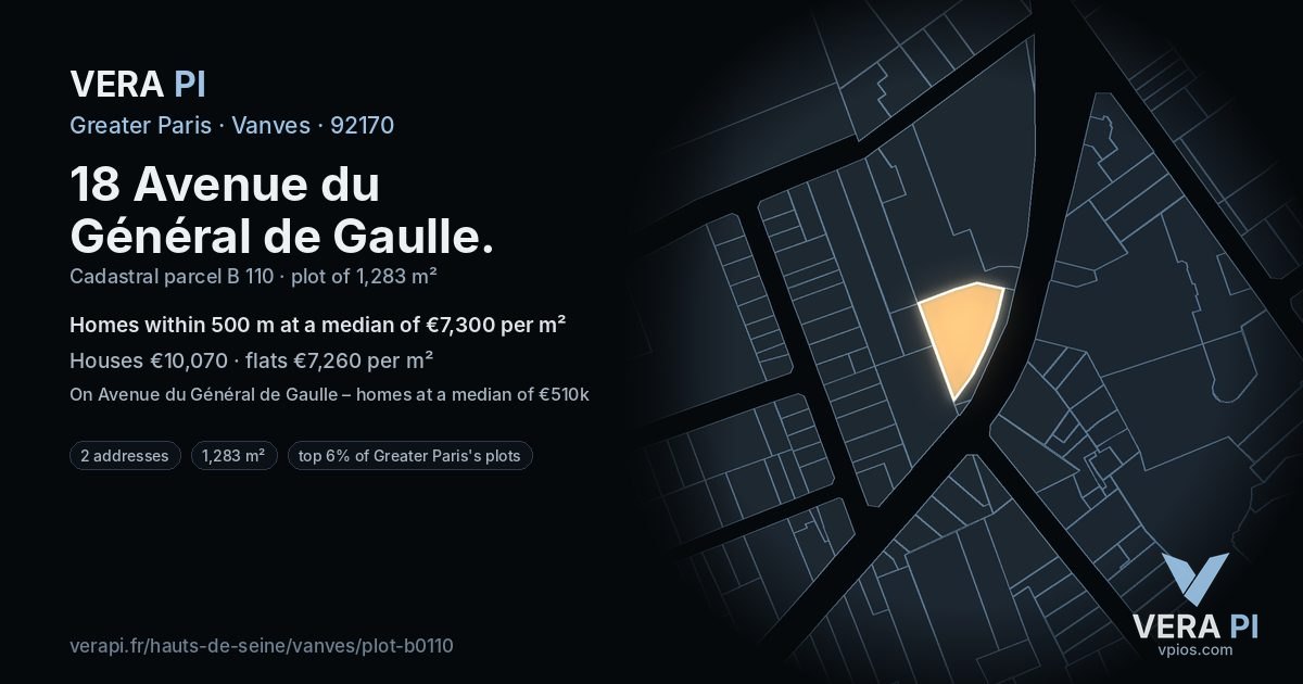 18 Avenue du Général de Gaulle, Vanves at night – the plot lit, the parcels around coloured by the prices near them