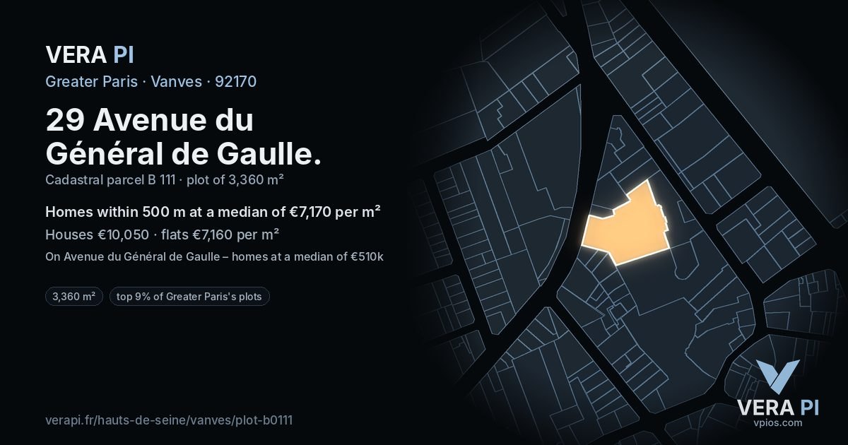 29 Avenue du Général de Gaulle, Vanves at night – the plot lit, the parcels around coloured by the prices near them
