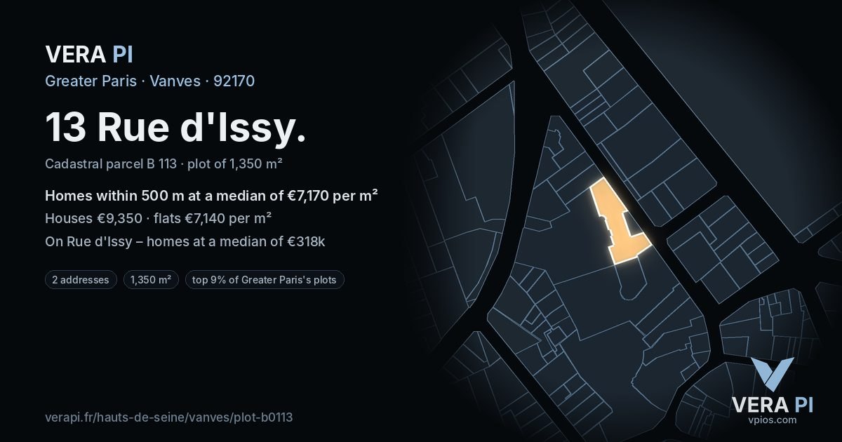 13 Rue d'Issy, Vanves at night – the plot lit, the parcels around coloured by the prices near them