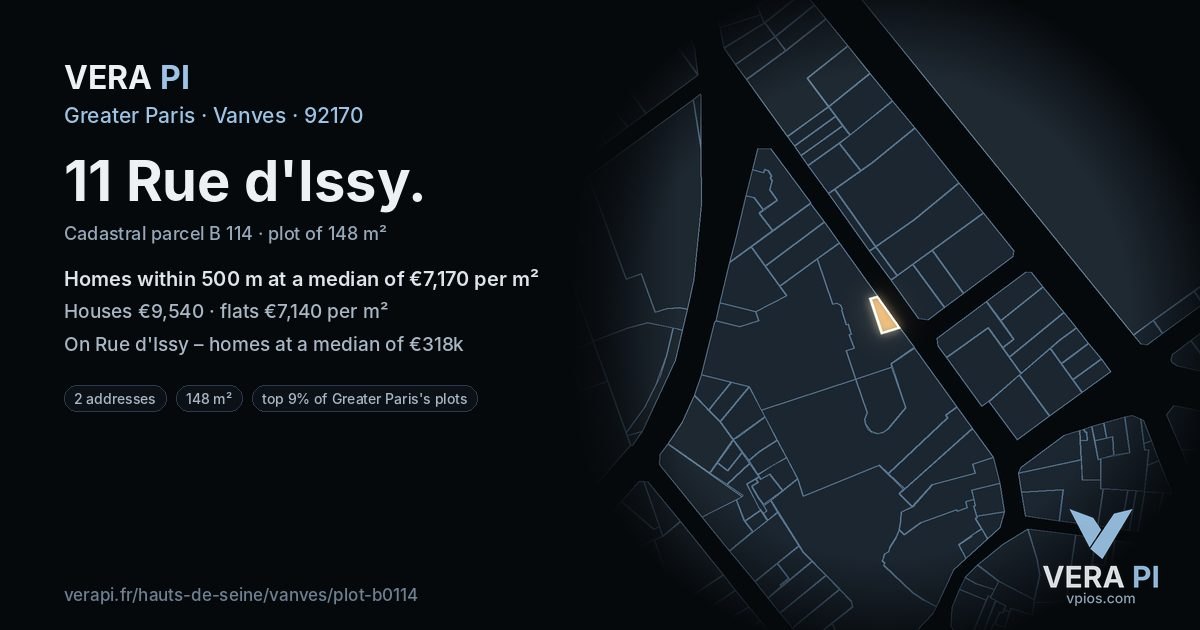 11 Rue d'Issy, Vanves at night – the plot lit, the parcels around coloured by the prices near them