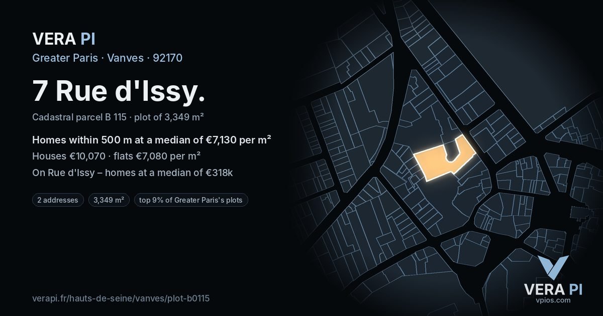 7 Rue d'Issy, Vanves at night – the plot lit, the parcels around coloured by the prices near them