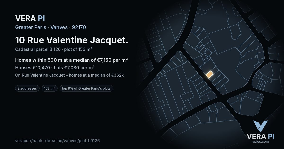 10 Rue Valentine Jacquet, Vanves at night – the plot lit, the parcels around coloured by the prices near them