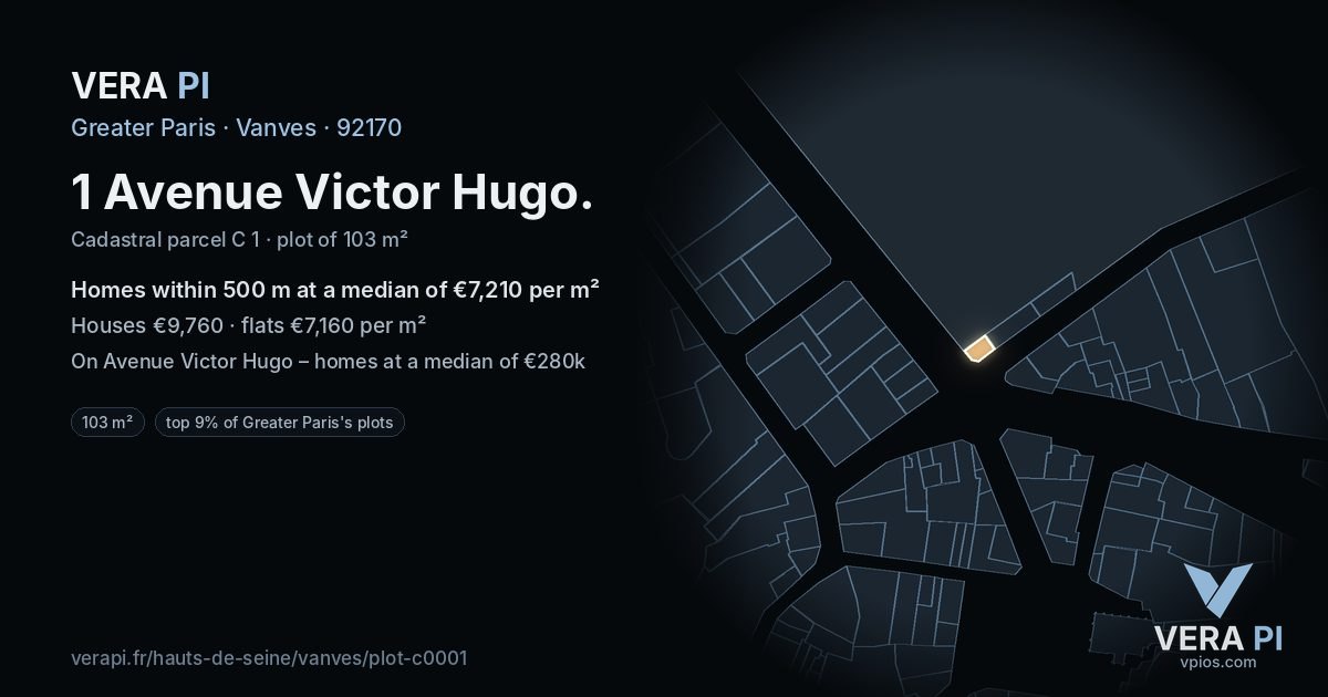 1 Avenue Victor Hugo, Vanves at night – the plot lit, the parcels around coloured by the prices near them