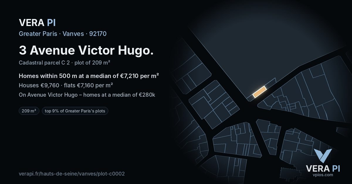 3 Avenue Victor Hugo, Vanves at night – the plot lit, the parcels around coloured by the prices near them