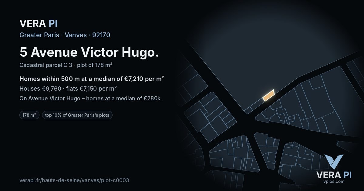 5 Avenue Victor Hugo, Vanves at night – the plot lit, the parcels around coloured by the prices near them